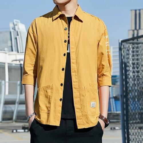 Mens Tooling Cotton Shirt Spring and Autumn Korean Style Three-quarter Sleeve Loose Casual Shirt Half-sleeved Jacket Shirts