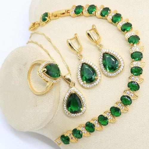 Gold Color Jewelry Set for Women Green Zircon Bracelet Earrings Necklace Pendant Ring Birthday Gift