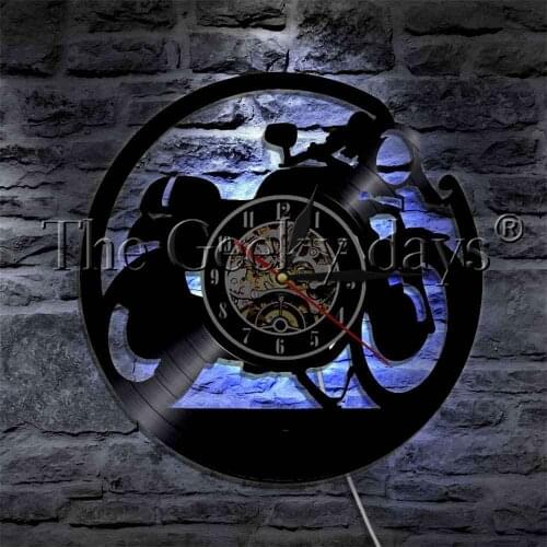 Racer Motorbike Silhouette Wall Lamp Vinyl Record Wall Clock With LED Backlight Wall Watch For Motorcycle Rider Gift