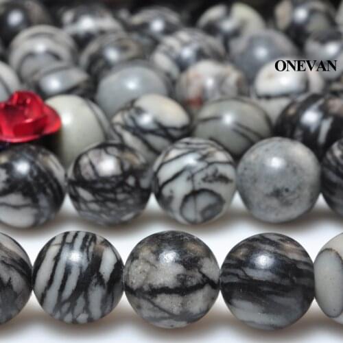 ONEVAN Natural Black Network Zebra Stripes Smooth Round Beads Stone Bracelet Necklace Jewelry Making Diy Accessories Gift Design