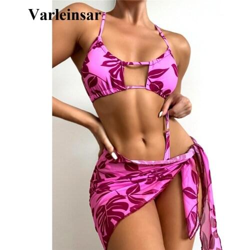 New Sexy Printed Halter Bikini Women Swimwear Female Swimsuit Three-pieces Bikini set With Sarong Bather Bathing Suit Swim V3181