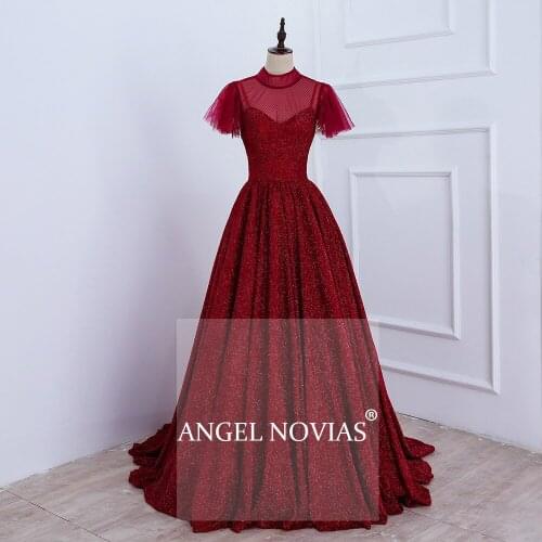 New Arrival Real Long Elegant Burgundy Woman Evening Dresses 2020 High Neck Dubai Formal Arabic Party Prom Gown ANGEL NOVIAS
