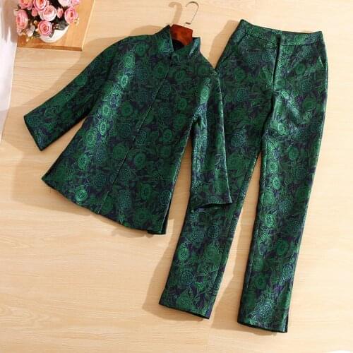 High-end autumn winter women 2 pieces set fashion floral slim Jacquard coat +calf-length pants 2 pieces lady set female S-XXL