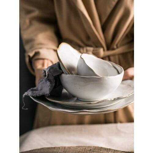 Salad Bowl Plate Dish Home Kitchen Tableware Ceramic Irregular Rice Bowl Soup Bowl Flat Plate Shallow Dish Dessert Plat