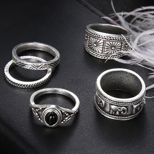 5 Pcs/set Bohemian Retro Ring Set Women Anniversary Gift Classic Color Ring Set Round Totem Vintage Big Black Stone