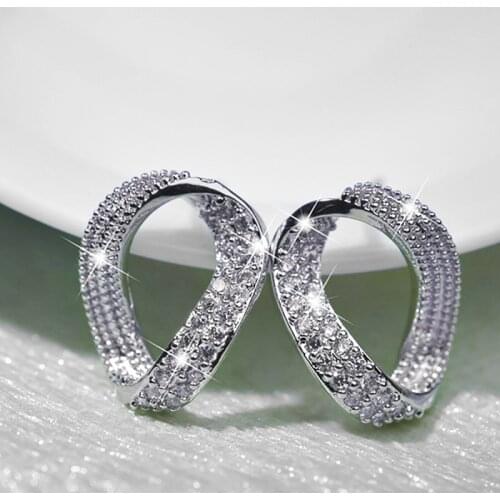 Huitan Crooked O Shape Stud Earrings Women Inlaid Shiny Cubic Zircon Simple Stylish Daily Wear Versatile Earring Fashion Jewelry