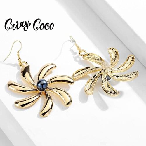 Cring Coco Sun Flower Drop Earrings for Women Fashion Gold Color With Peal Earring Party Jewelry Hawaiian Summer Girl