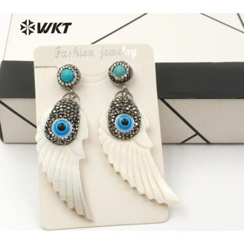 WT-RE082 WKT Carved Feather Shell Earrings White Color Wing Earring With Evil Eye Shell Feather Earrings Sea Shell Jewelry