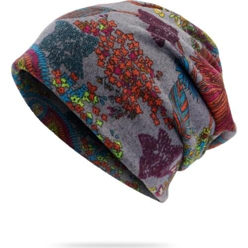 Winter Autumn Hat Women Turban Thin Beanie Flower Print Headdress Bonnet Femme Vintage Gorro Headwear Baggy Cap New Red