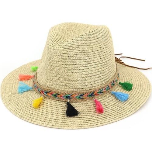 Hat Women Beach Summer Hats For Women Straw Wide Brim Color Tassel Chain Men Panama Beach Bucket Sun Hat Lady Floppy