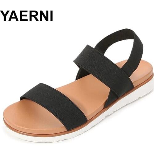 YAERNI Flat Sandal Shoe 2021Summer Strappy Heels Suit Female Beige Large Size Without Bohemian Girls Black Big New Clear Comfort
