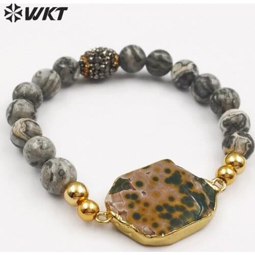 WT-B408 WKT Wholesale natural stone bracelet random shape stone charm and high quality 8mm beads vintage style women jewelry