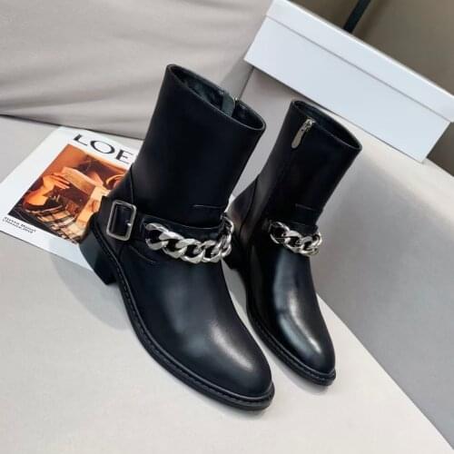 Women Ankle Boots Metal Chain Metal Decoration Round Toe Modern Boots Belt Buckle Black Shoes Genuine Leather Knight Boots 2021