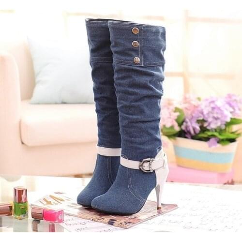 XJRHXJR Plus Size 34-43 Pointed Toe Women Spring Autumn Winter High Heels Denim Knee High Boots Lady New Fashion Jean Long Boots