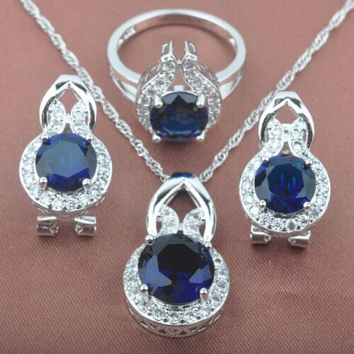 Womens Christmas Gifts Blue Zirconia Silver Color Jewelry Sets Necklace Pendant Earrings Rings Free Gift Box TZ0265