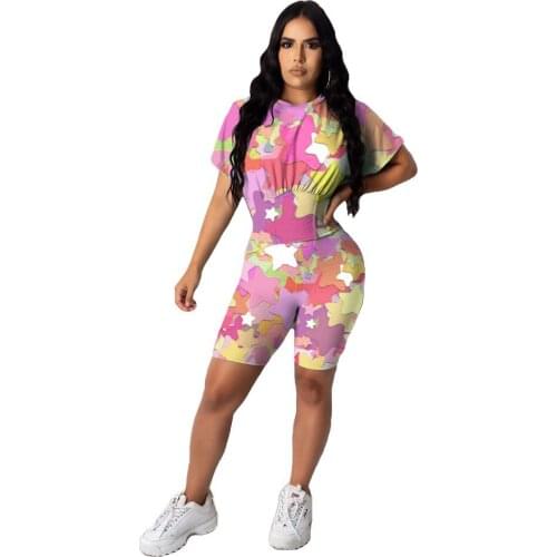 2021 Summer Womens New Fashion Leisure Waist Tight Star Print Short Sleeve Top + Slim Shorts Two Piece Sets