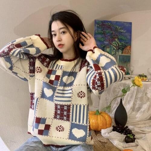 Heart Embroidery Jacquard Women Knitted Contrast Grid Soft Pullover 2021 Summer New Long Sleeve Round Neck Sweet Girly Sweaters