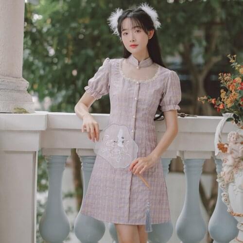 Women Sweet Retro Dress Purple Cheongsam Summer 2021 Lace Mesh Yarn Chic Pearl Gentle Short Dress Vestidos