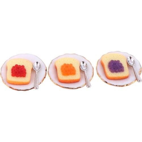 3Pcs/set 1:12 Dollhouse Mini Toast With Small Plate Spoon Miniature Dollhouse Accessories Cute Decoration Toast
