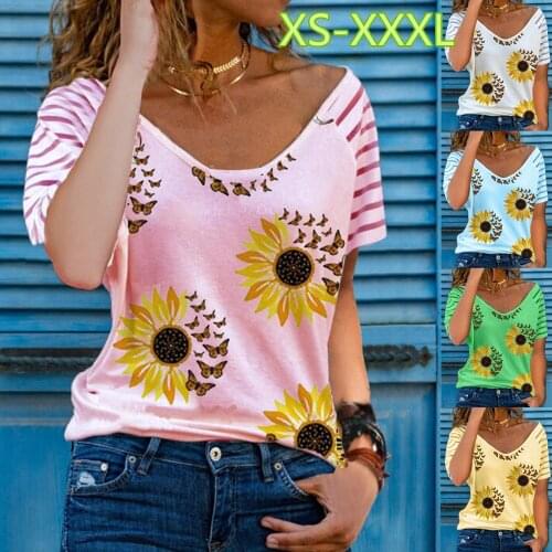 3XL Oversized Ladies Tops Women Plus Size Sunflower Butterfly T Shirt Loose V-Neck Short Sleeve Casual Tee Top Summer New Stree