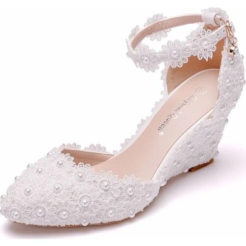 7.5cm pointed slope heel lace sandals with one line buckle large white lace wedding shoes sandals womens