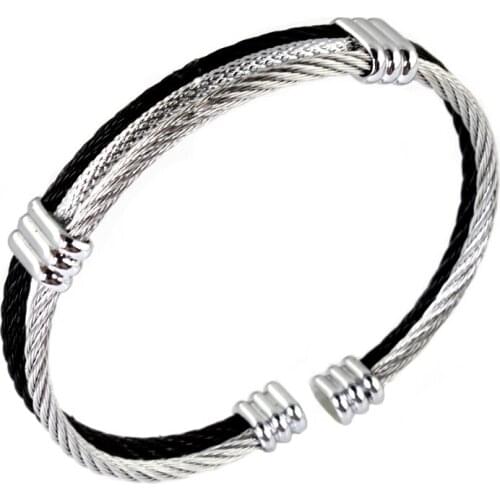 Free Shipping New Style 316L Stainless Steel Black Silver Color Wire Cable Chain Mens Womens Bracelet Bangle High Quality