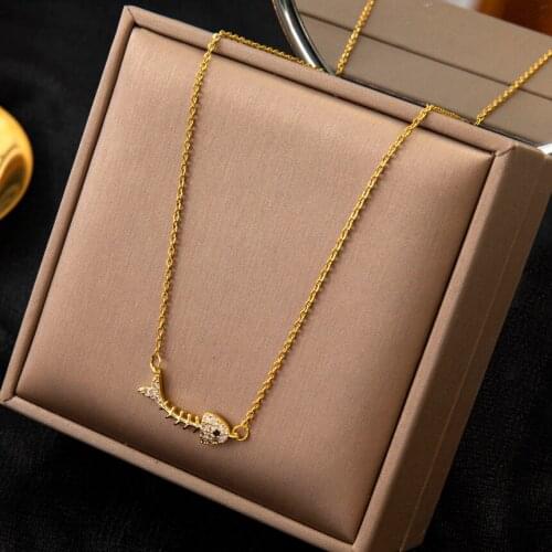 316L Stainless Steel New Fashion Upscale Jewelry Embedded Zircon Fish Skeleton Charms Chain Choker Necklaces Pendants For Women