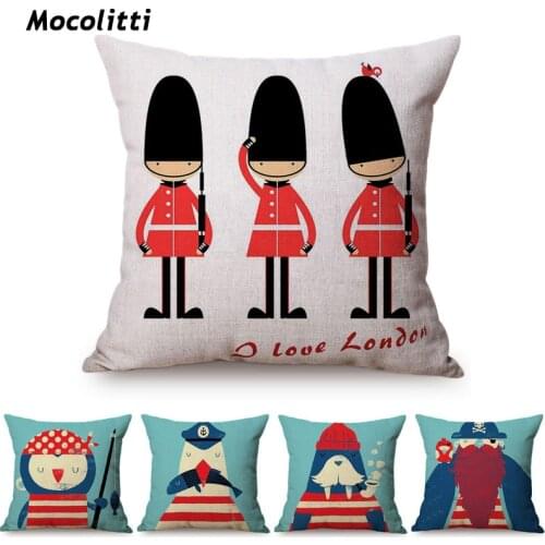 British Style Cartoon Soldier England London Telephone Booth Sofa Car Decorative Throw Pillow Case Linen Cotton Cushion Cover