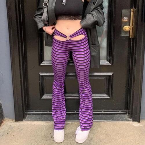 DSMTRC 2021 Newest Trend Summer Skinny Elastic Long Trousers Hollow Low Waist Pants Chic Harajuku Women Flare Pants Streetwear