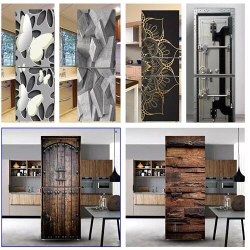 Retro Wood Grain Refrigerator Wrap Freezer Sticker Butterfly Art Fridge Door Cover Wallpaper Kitchen Accessories Modern Design