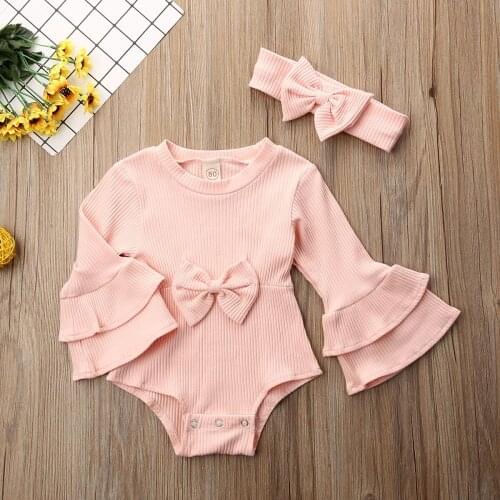 2PCS Newborn Baby Girl Bodysuits Winter Knitted Clothes Set Ruffles Flare Sleeve Solid Jumpsuits Headband Outfits