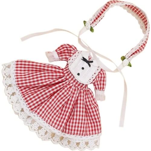 ICY DBS Blyth doll dress red Plaid skirt lace & headdress & flower