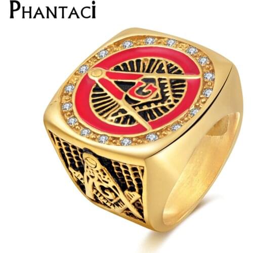 Phantaci Vintage Red Enamel Crystal 316L Stainless Steel Men Ring Gold Color Free Mason Freemasonry Masonic Male Retro Punk Big