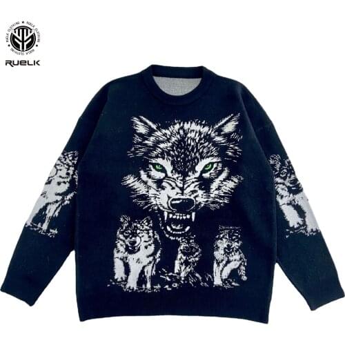 RUELK New Sweater 2021 Autumn And Winter Fashion Wolf Print Clothes Male Hip-hop Country Tide Brand Loose Winter New Men Sweater