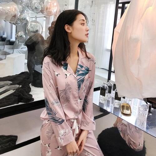 Women Spring Crane Printing Pajamas Long Sleeve Satin Sexy Pijama Mujer Imitation Silk Pyjamas Pink Casual Home Clothing 3 Set