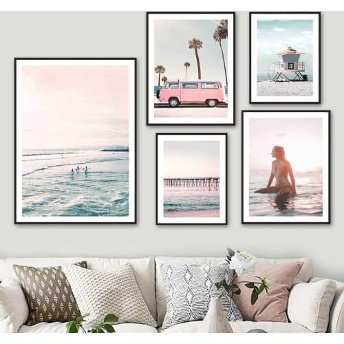 Beach Wave Van Path Girl Palm Seascape Wall Art Canvas Painting Nordic Posters And Prints Wall Pictures For Living Room Decor