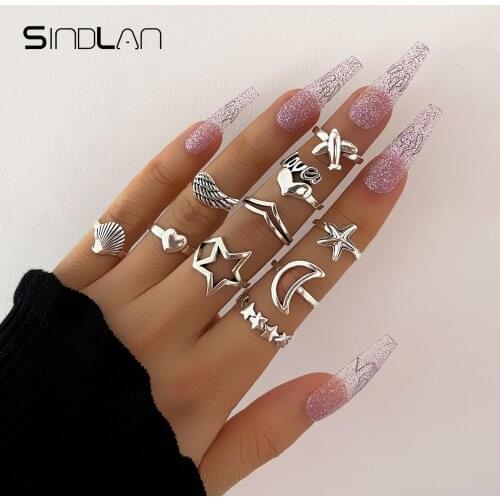 Sindlan 10Pcs Vintage Silver Color Heart Rings for Women Boho Punk Star Shell Stranger Things Female EMO Fashion Jewelry Anillos