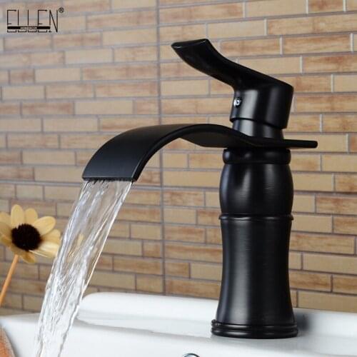 Deck Mounted Black Bathroom Faucets Waterfall Basin Sink Water Mixer Tap Hot and Cold Faucet Oil Rubble Bronze Finished ELF1412B