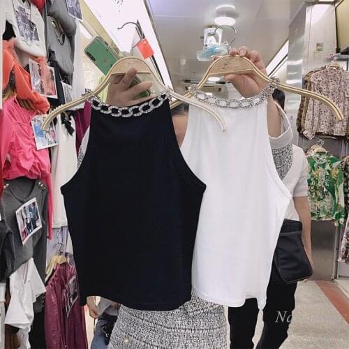 Rhinestone Chain Halter Tank Women Sexy Off-Shoulder Outside Wear Sling Slim Fit Knitted Crop Top White Black