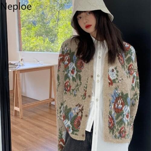 Neploe Vintage Cardigan Women Ropa De Mujer Long Sleeve Embroidery Floral Knitted Sweater Jacket 2021 Korean Fashion Pull Femme