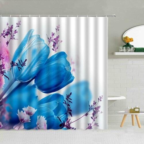 Blue Tulip Flower Landscape Waterproof Shower Curtain Butterfly Spring Floral Scenery Bathroom Decor Multi-color Screen Curtains