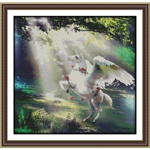White horse pattern DIY cross stitch embroidery full set rose unicorn forest guardian printed cloth handmade canvas decoration p
