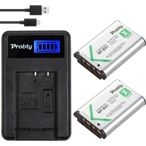 PROBTY 2Pcs NP-BX1 NP BX1 Batteries + LCD Charger For Sony DSC-RX100 DSC-WX500 IV RX10 II HX300 WX300 HDR-AS15 CX240E MV1 AS30V