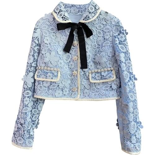 Korean Fashion Bow Pearls Lace Denim Jacket 2021 Spring Autumn Elegant Long Sleeve Slim Coat Women Chaqueta Mujer