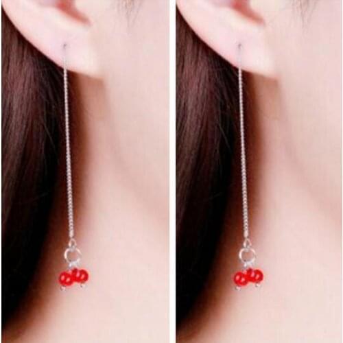 Wedding Party Gift Fashion sweet color temperament red and black round beads Small cherry tassel-shaped earrings female ear wire