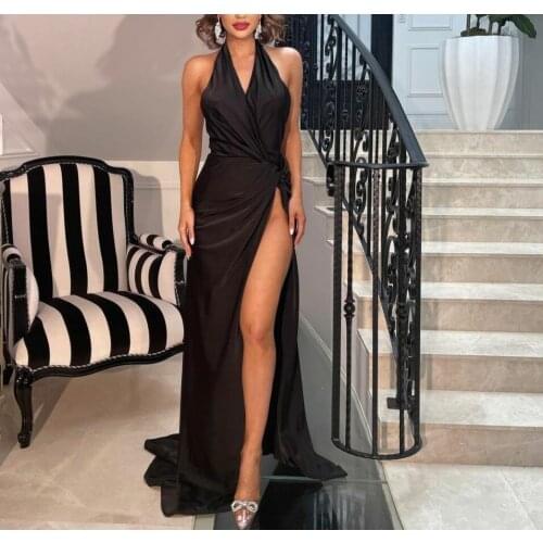 Sexy High Side Slit Long V-Neck Evening Dresses Black Mermaid Zipper Back Satin Abendkleider Robes De Soirée for Women
