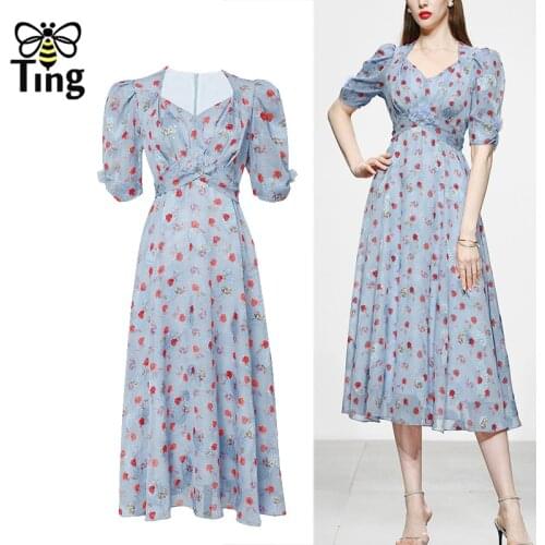 Tingfly Runway Designer Vogue Floral Print Midi Long High Quality Party Dresses Women Sweetheart Neckline Vintage 3D Flower Robe