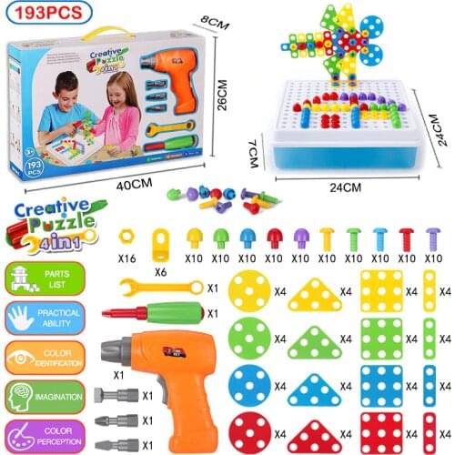 193Pcs Electric Drill Screw 3D Puzzle Toys For Children Boys DIY Creative Mosaic Puzzle Toys Kids Educational Building Brick Toy