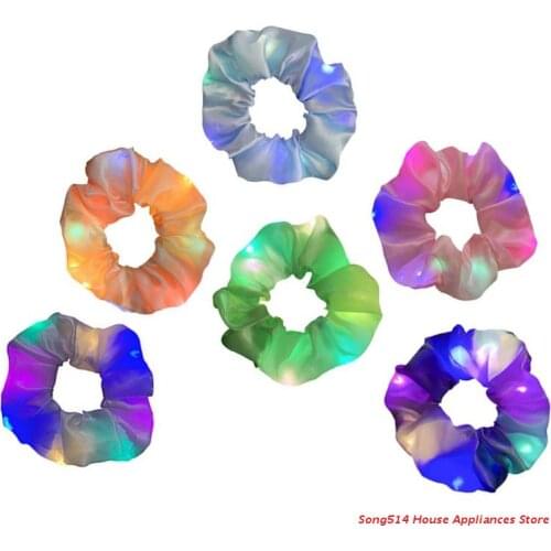 6Pcs LED Light Up Hair Scrunchies Luminous Satin Hair Tie Band Ponytail Holder