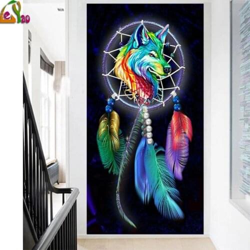 Abstract Wolf Dream Catcher diamond painting 3d diy handmade full square round diamond embroidery Colorful Feather